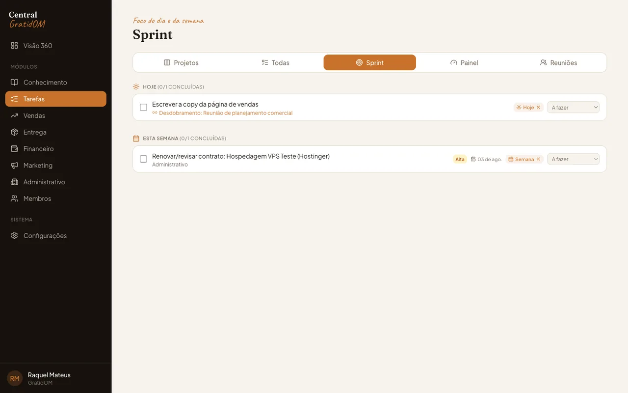 Tela de tarefas por sprint do app 360